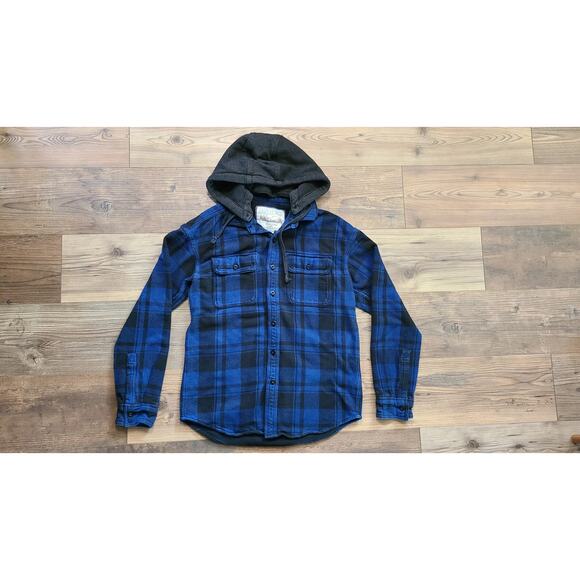 AE Mens Blue Plaid Button Down Shirt with Hood - Picture 1 of 8